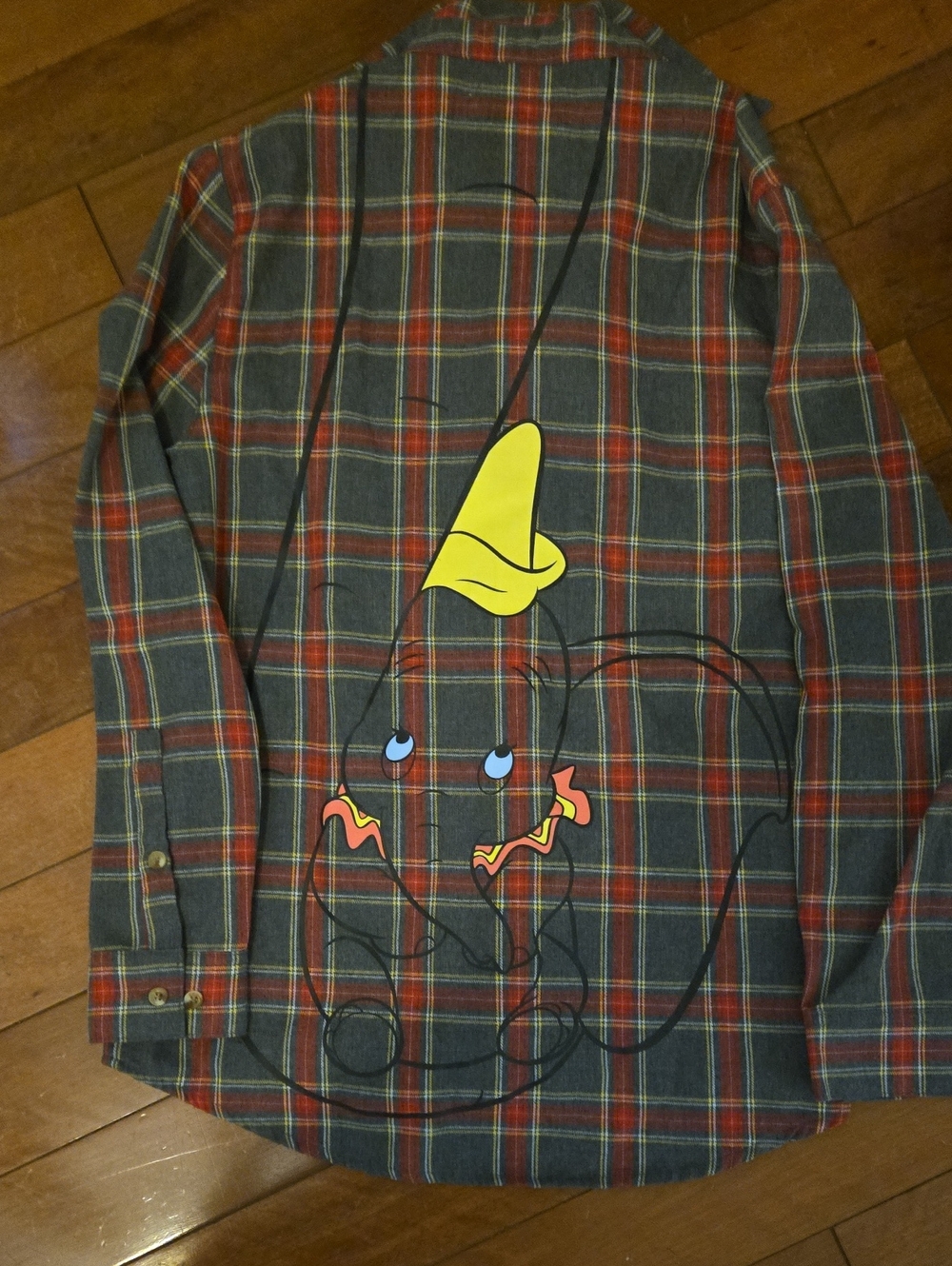 Disney Plaid Button-Down Shirt in Red, Green and Yellow with Dumbo Back Graphic